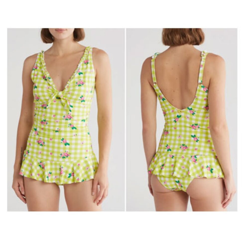 BETSEY JOHNSON Skirted One-piece Swimsuit In Gingham Floral